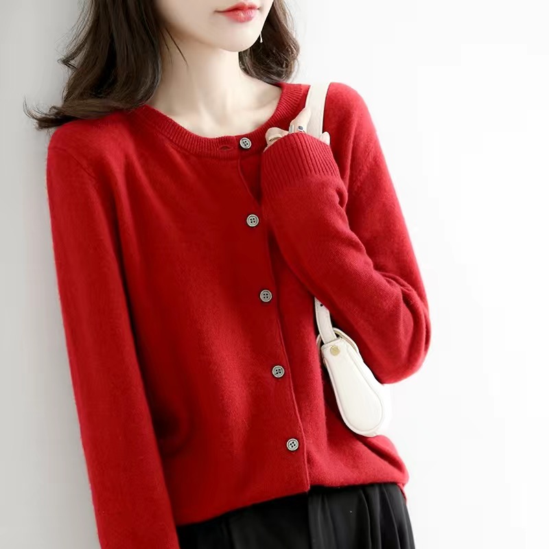 Cárdigans para mujer, suéter con cuello redondo, cárdigans tejidos de Cachemira para primavera y otoño, suéteres lisos de un solo pecho para mujer DF4934: S / Rojo