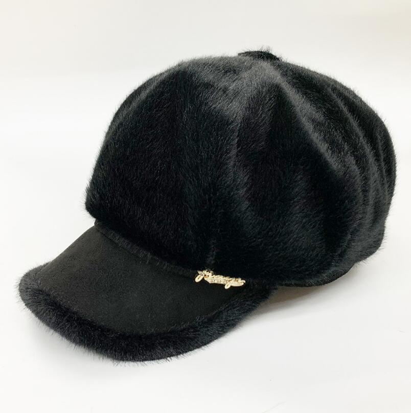 Hatte til kvinder imiteret pels plys tyknet varm ottekantet hat efterår vinter koreansk hat afslappet newsboy hætter