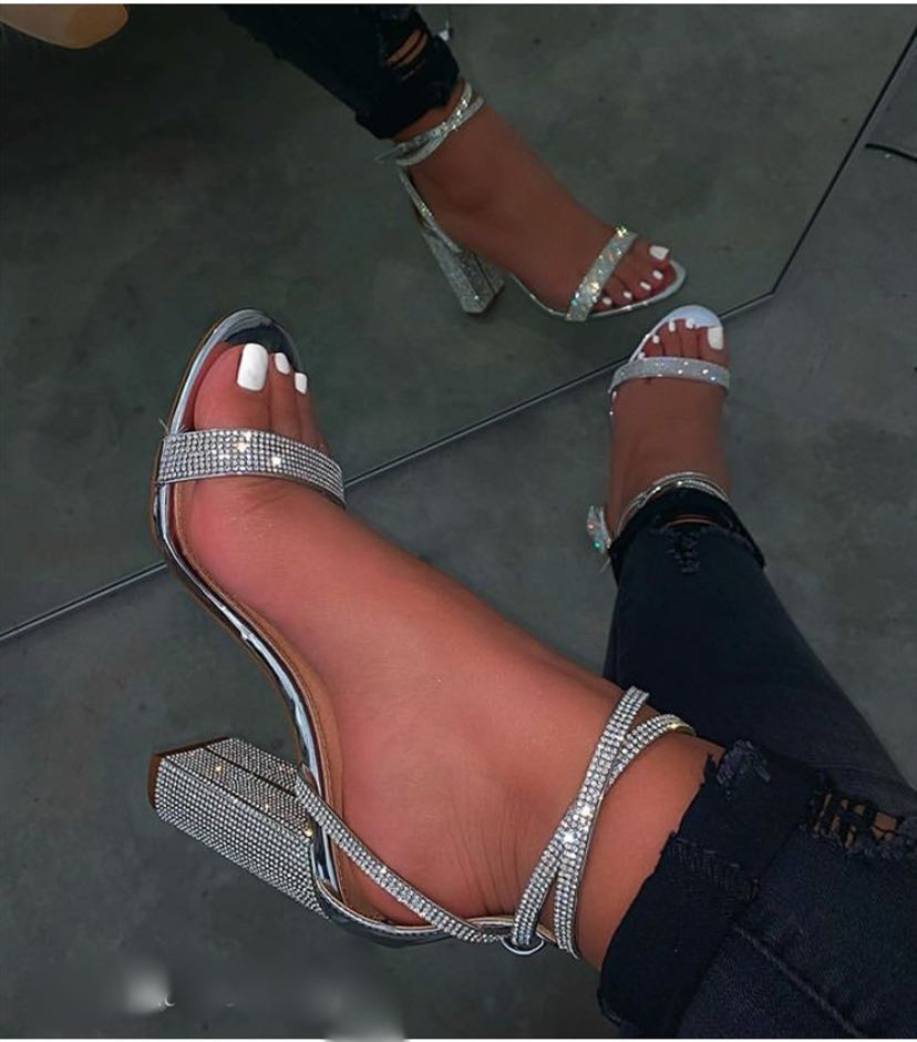 Strass dam sandaler fyrkantigt högt ankelskydd häl rund tå kontor dansspänne rem festklackar silver sandaler: Silver- / 39