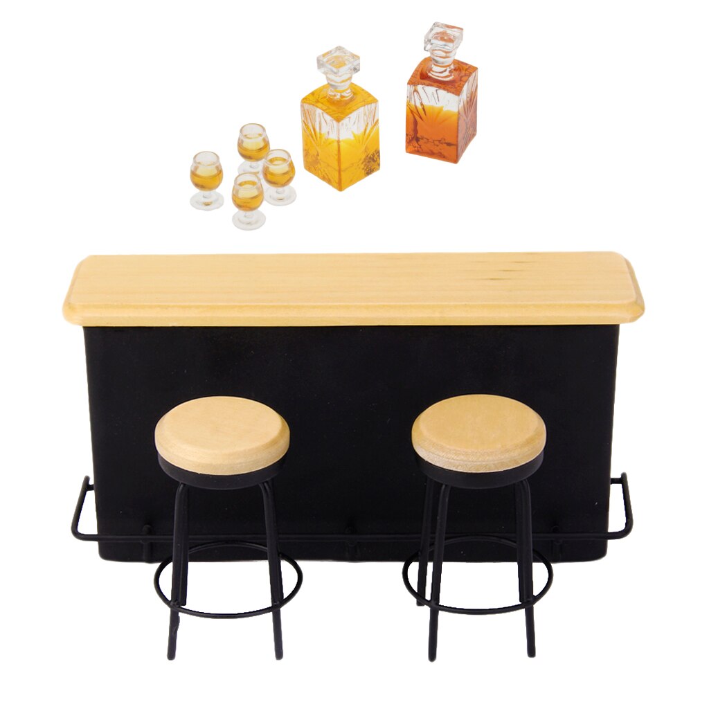 1:12 Mini Pub Bar Cabinet Stool Whiskey Wine Bottle Glass Cup Furniture Supplies