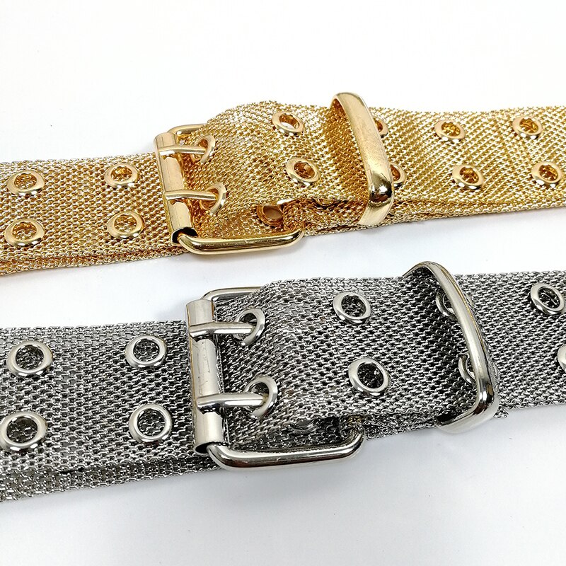 Plus size gold chain belt ladies punk belts for women two row eyelet gothic silver metal ketting riem dress cummerbunds style
