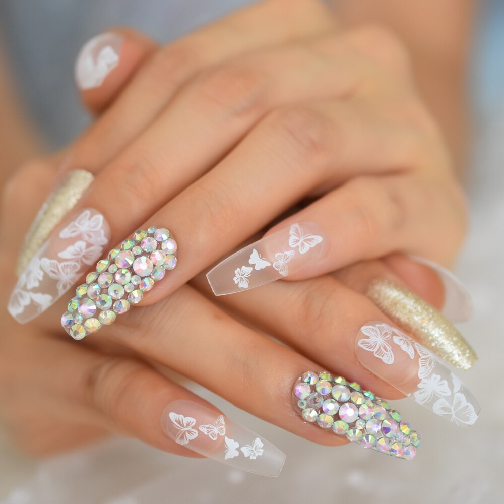 Faux ongles transparents en forme de papillon et paillettes pour Nail Art, pointes de pour Salon, été, 24