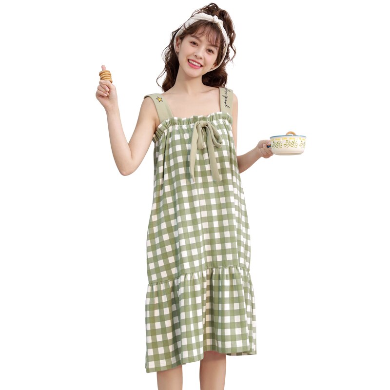 Bzel camisolas de xadrez verde, pijama estilo fresco para mulheres, plus size, solto, de algodão, macio, moda casual xxl: M