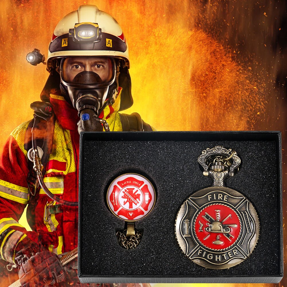 Red Fire Fighter Quartz Pocket Watch Box Set Punk Firefighter Necklace Pendant Memory Firemans Arabic Number Fob Watch Relgio