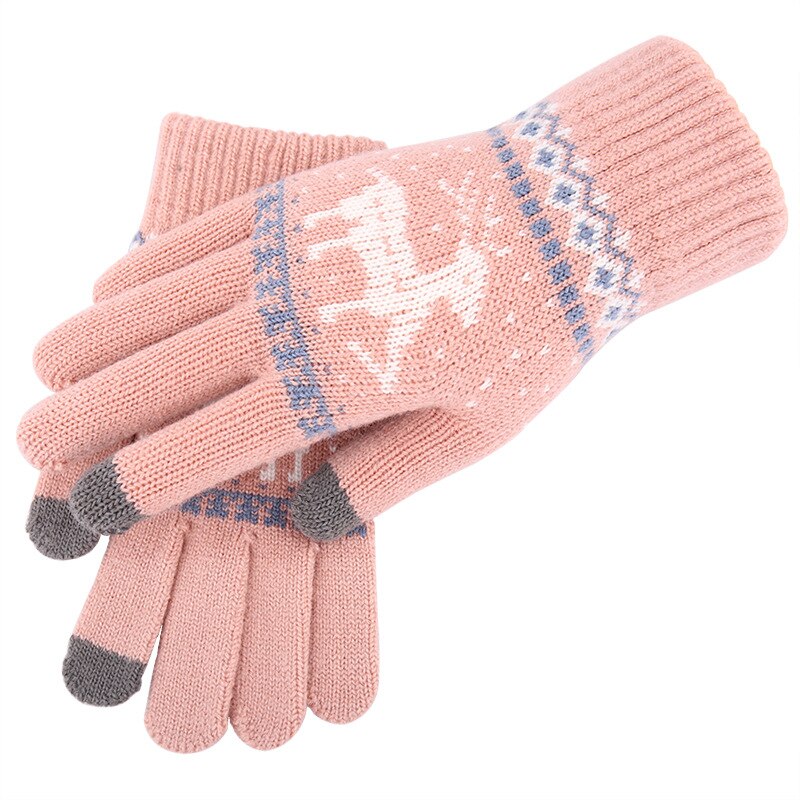 Novo vintage natal veados luvas de malha mulheres engrossar tela sensível ao toque luvas inverno quente neve elk dedo cheio luvas presente natal: skin pink