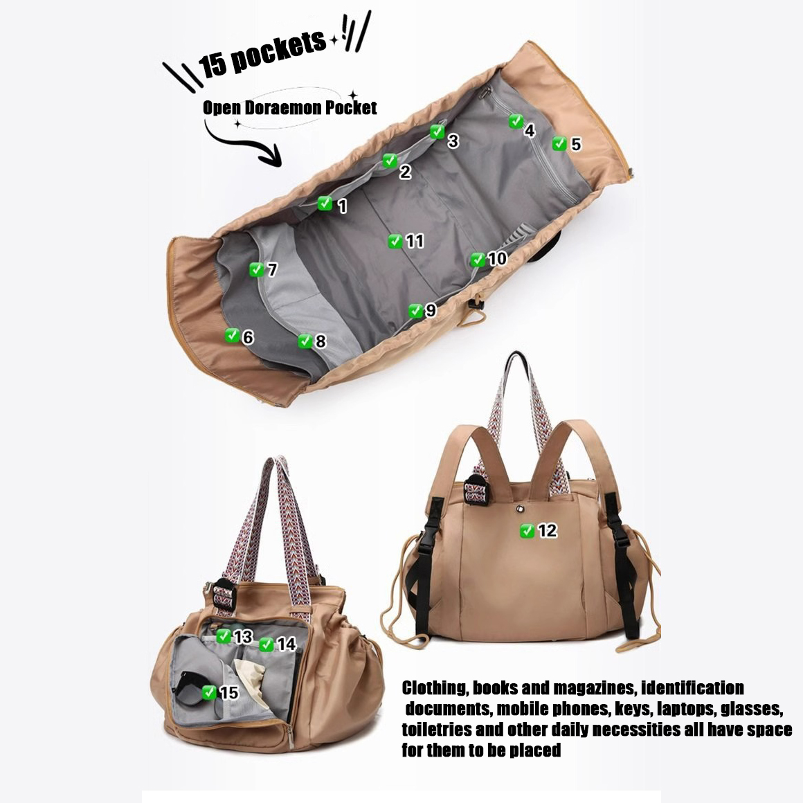 Sac à dos de rangement de voyage, sac de voyage léger multifonctionnel pour mère et bébé, grand sac à dos de rangement portable. zwq