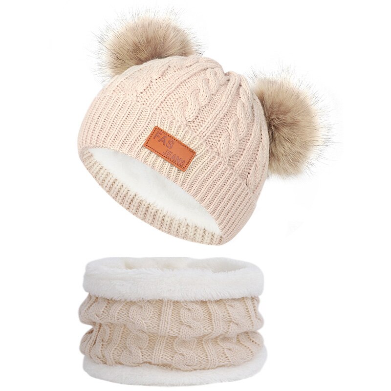 Søde børns strikket hat og tørklæde hat beanie-cap pompom furry ball baby hatte strikket nyfødt baby hat beanie pompom-cap: Khaki