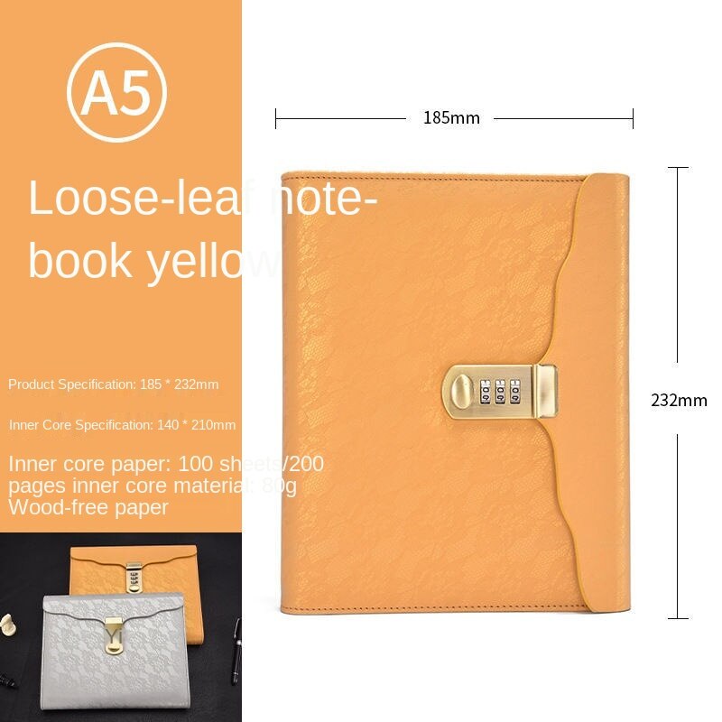 a5 retro password lock notebook student diary fingerprint with lock notepad thickened stationery hand ledger: B
