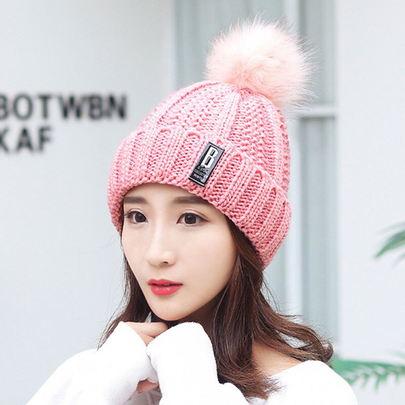 Frauen Dicke Kabel Stricken Hut Schal Weibliche Mützen Plüsch Hut Und Ring Schal Winter Warme Frau Dame Pom Pom kappe Schals Rosa: Pink Hat