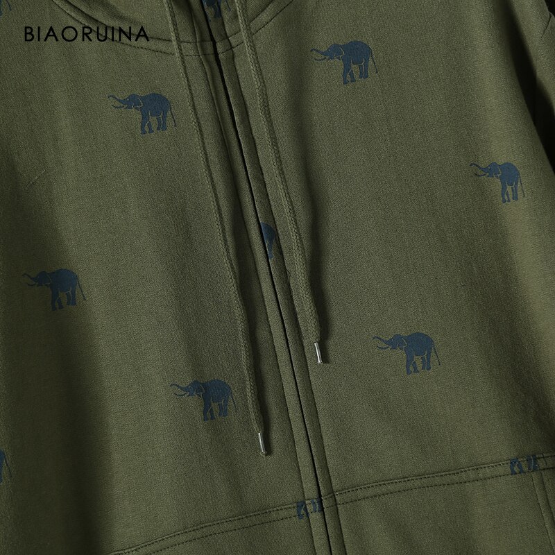 Biaoruina mænds koreansk stil afslappet elefant trykt hættetrøjer fleece liner comfortabe varm hætte sweatshirt med lynlås