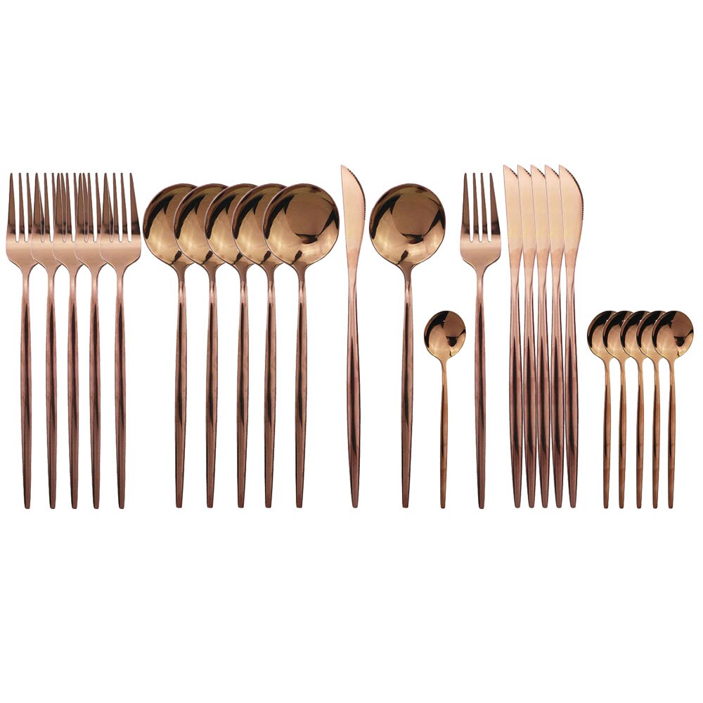 Ensemble de 24 couverts en acier inoxydable, couverts noirs, cuillère, fourchette 304 couteau, couverts occidentaux pour mariage, sécurité lave-vaisselle: Or rose 24 pièces