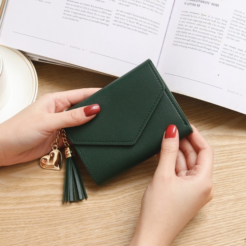 Women Wallets Long PU Clutch Bag Heart-shaped Pendant Simple Multi-function Lychee Pattern Women Wallet: Green B