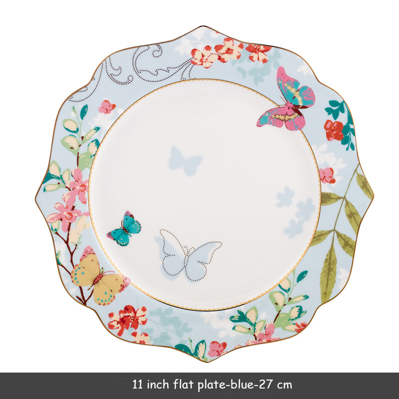 European Style Lace Dinner Plate Fruit Plate Ceramic Tableware Plate Western Food Steak Plate Soup Bowl Food Container: 11 inch plate-blue