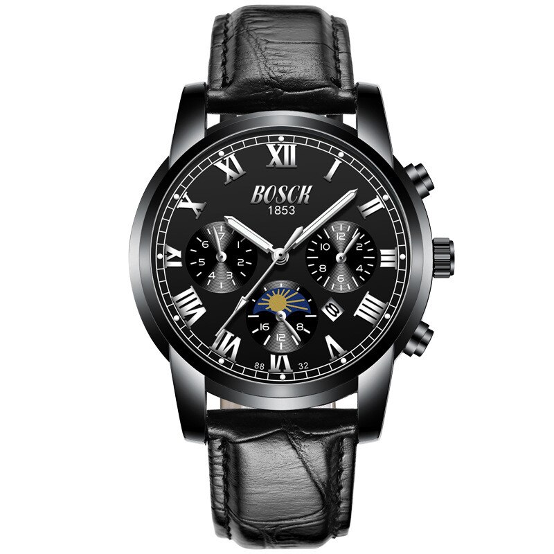 Bosck Luxe Mannen Horloges Sport Quartz Waterdichte Horloges Heren Roestvrij Stalen Band Auto Datum Horloges: leather black