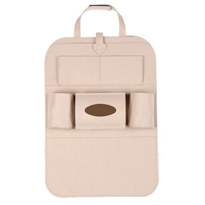 1pc Universal Car Back Seat Storage Bag Organizer Trunk Elastic Felt Storage Bag 6 Pockets Organizer Hanging Car Accessories: Beige