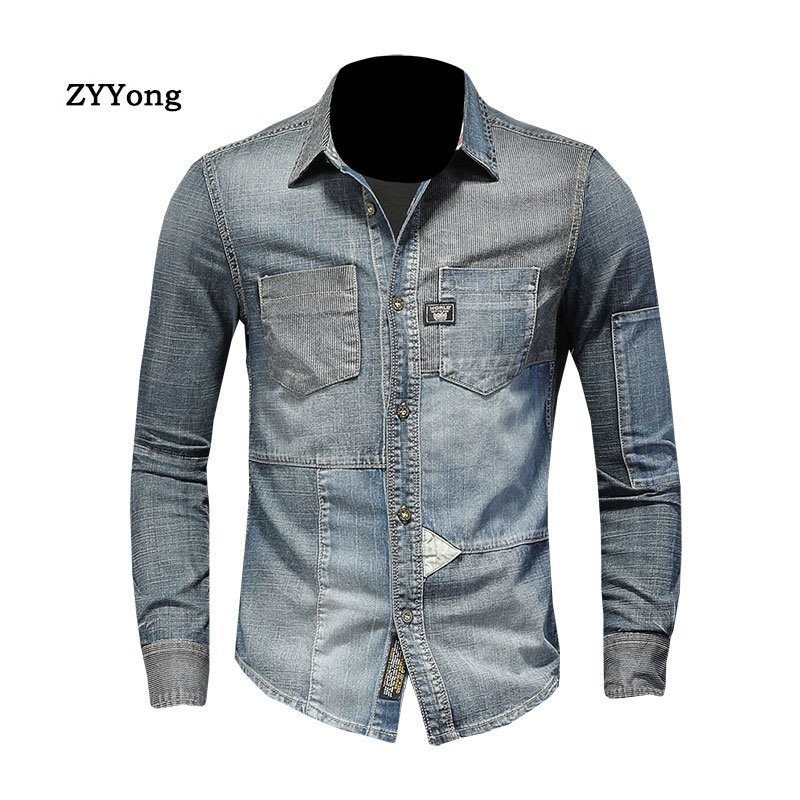 Patch ZYYong Revers lange mouwen Hechten Mannen Denim shirt Retro Casual Blue Bomber met lange mouwen dunne laag