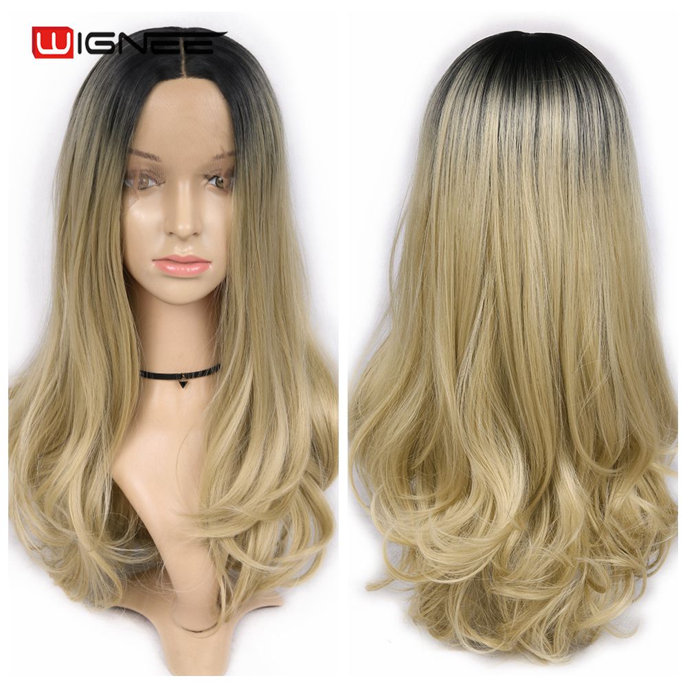 Wignee Long Wavy Synthetic Wig Lace front For Women Heat Resistant Long Hair Wig Middle Part Natural Ombre Ash Blonde Hair Wigs