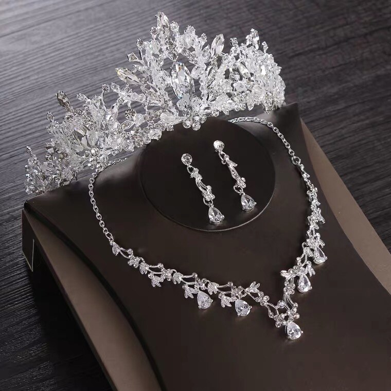 Barokke Luxe Zilveren Kleur Kristal Hart Bruids Sieraden Sets Kettingen Oorbellen Tiara Kroon Bruiloft Kralen Afrikaanse Sieraden Sets: 3Pcs Jewelry Set3