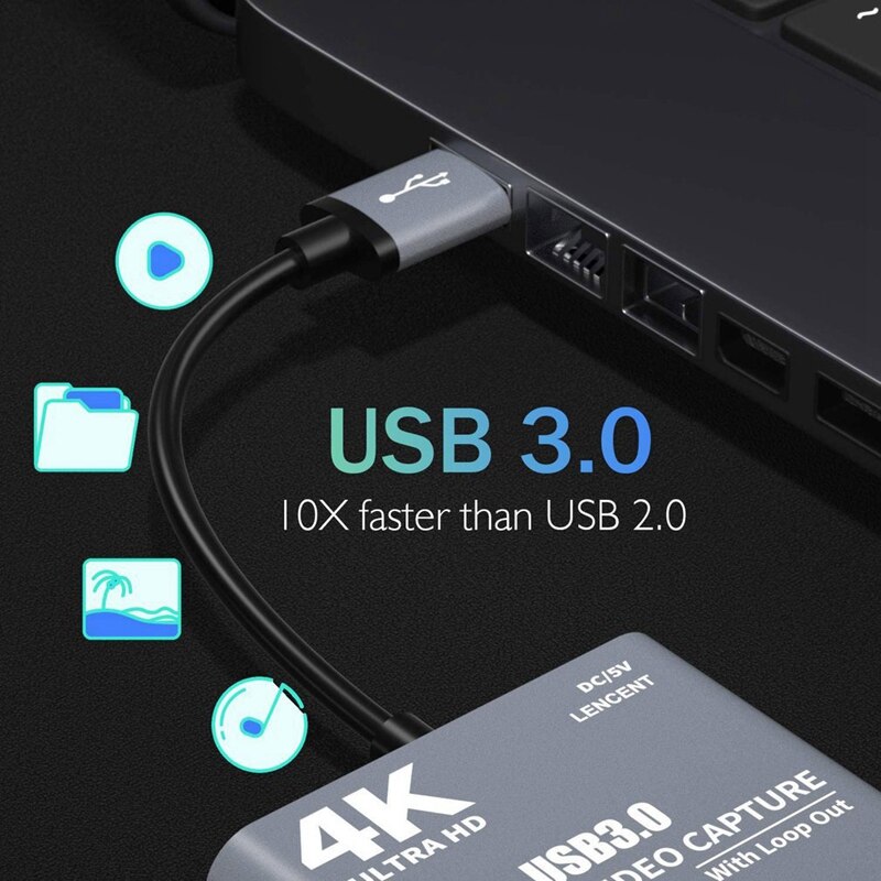 4K 1080P USB3.0 to HDMI-Compatible Video Audio Game Capture Card with Loop Out Full 1080P 60 Record Via DSLR Camcorder
