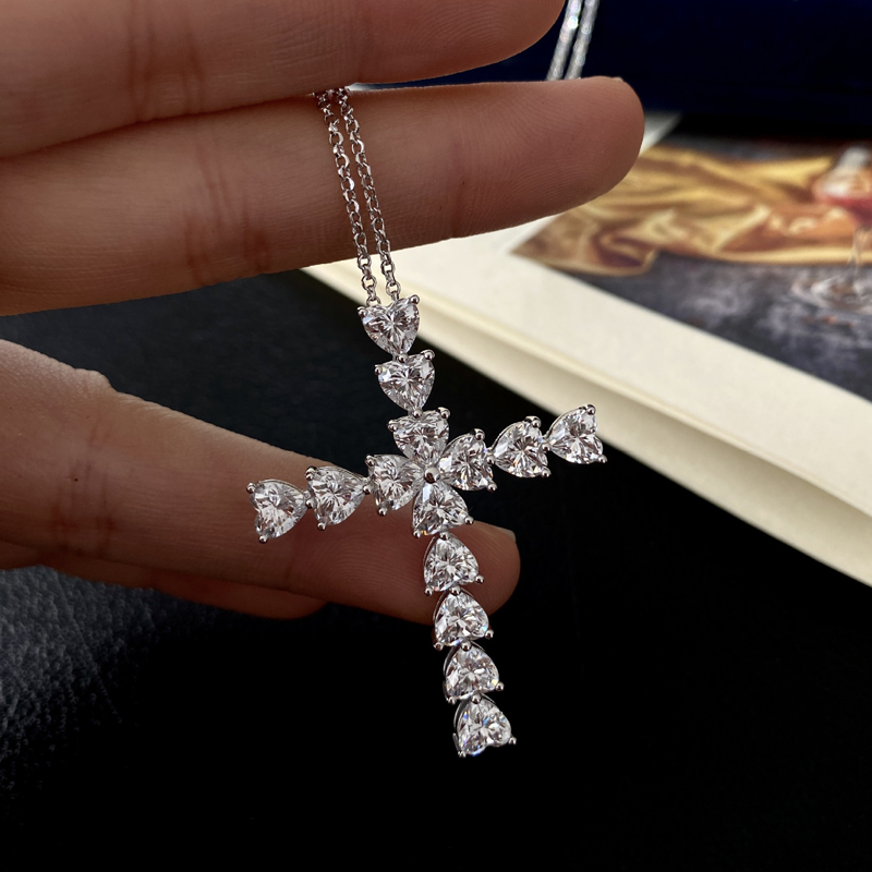 Oevas 100% 925 Sterling Zilver Sparkling Volledige 5*5Mm Hart Hoge Carbon Diamanten Kruis Hanger Ketting Vrouwen Party fijne Sieraden