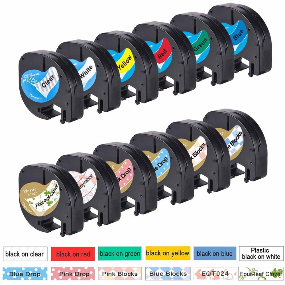 12Pcs Label Tape - 12mm - Plastic & Paper - For Dymo Letratag LT-100H Label Maker: Set D