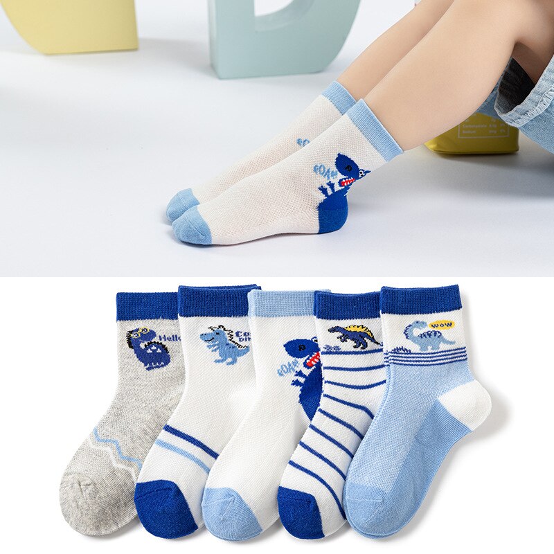 Calcetines de verano para niños y niñas, medias de algodón con dibujos de dinosaurios, 5 pares