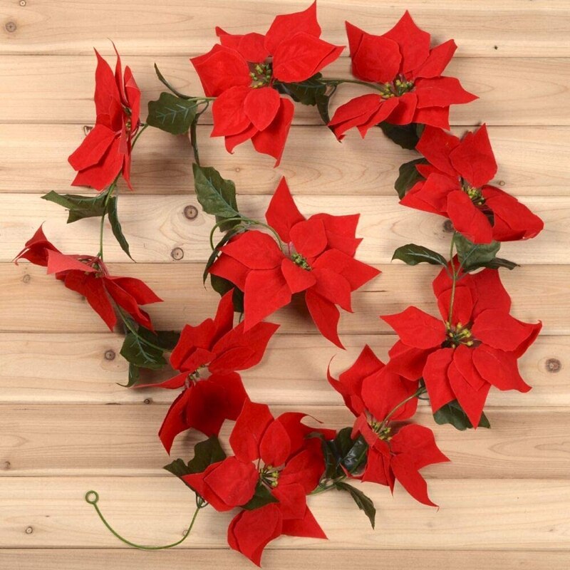2Pcs Artificial Christmas Poinsettia Garland with Holly Leaves and Berries for Christmas Party Front Door Wreath Decor