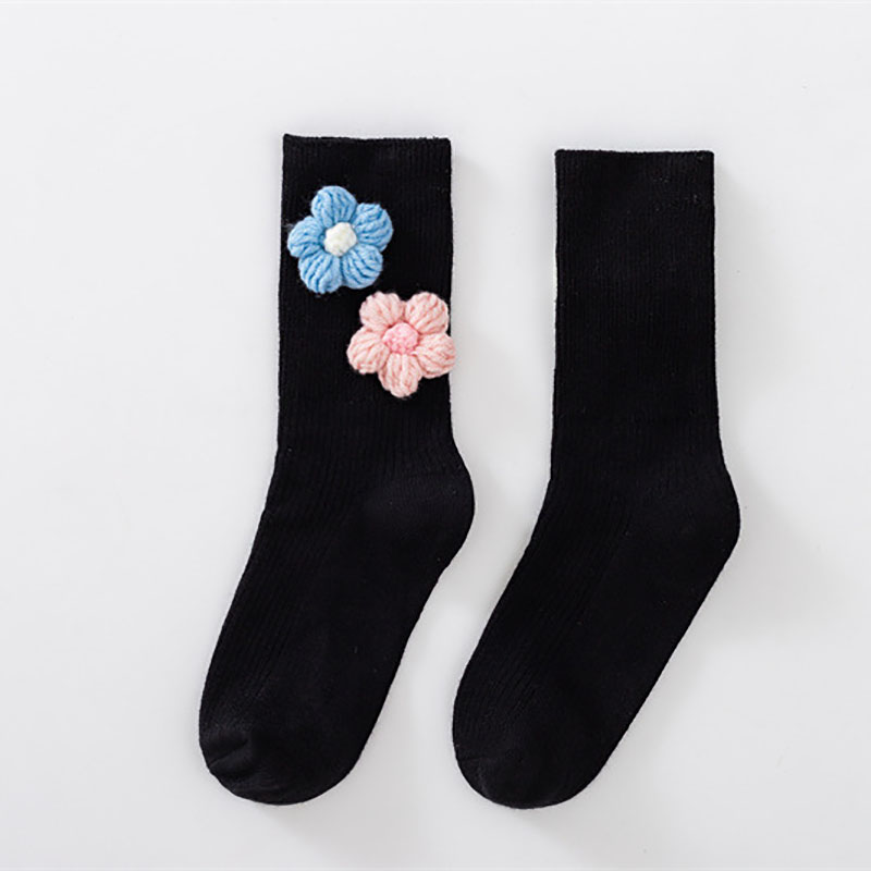 Calzini tubolari a strisce di fiori di moda coreana principessa divertente ginocchio di cotone nero abiti lunghi alti per ragazze roba economica per bambini: blue pink flower / 4-6 years old