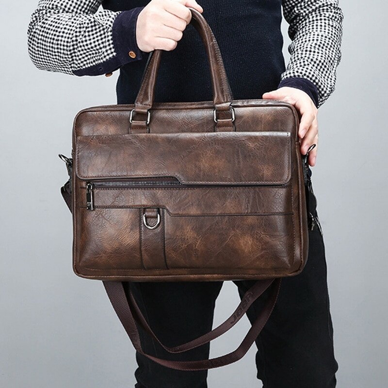 Retro Men Solid Color Bag Faux Leather Briefcase Large Capacity Tote Shoulder Bag Large Casual Business Laptop Briefcase