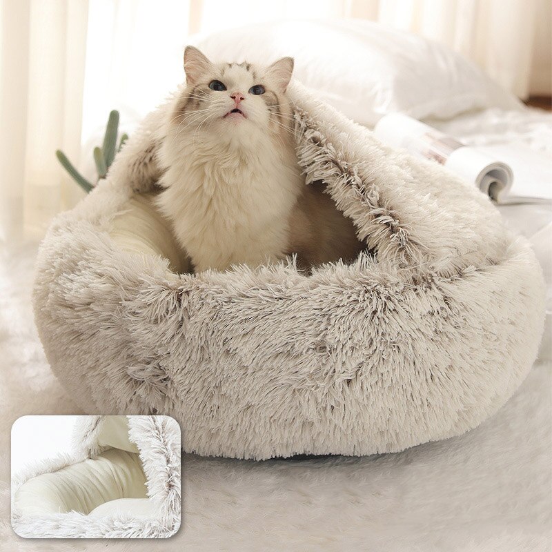 Pluche warme kattengrotbed met capuchon, knus zacht pluche hondenbed, zelfverwarmend knuffelbed, slaapbednest voor honden, katten en puppy's: Koffie / 40cm
