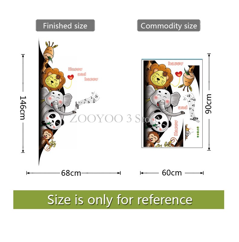 Cartoon Animals 3D Wall Stickers For Kids Room Friendly Panda Elephant Monkey Wallpaper Door Decor