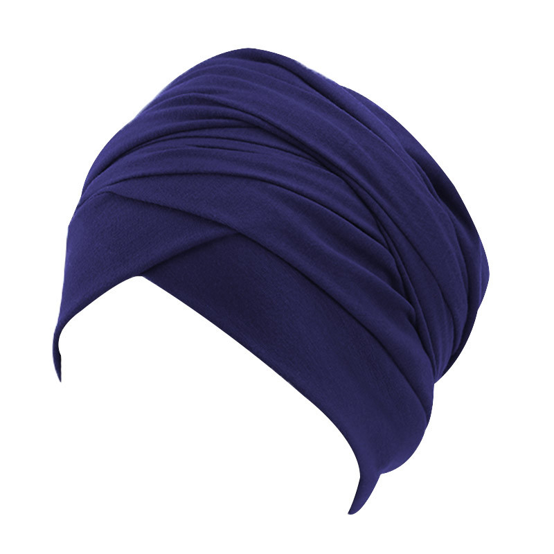 Novo feminino cor sólida algodão magia turbante hijab cabeça envoltório extra longo tubo indiano headwrap lenço gravata perda de cabelo headwrap islâmico: Azul marinho