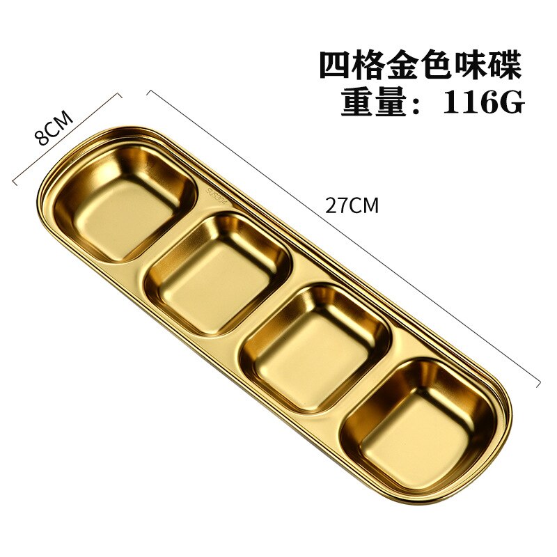 304 Stainless Steel Small Sauce Dish Kitchen Sushi Vinegar Soy Sauce Plate Gold Silver Divided Small Seasoning Dish: gold 4 grids