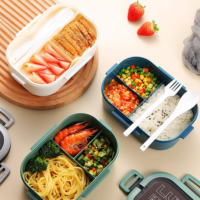 Fiambrera Bento de 2 capas con cuchara y tenedor para niños, contenedores de comida de Microwae de alta capacidad, portátiles, a prueba de fugas, para oficina y Camping, 1200ML
