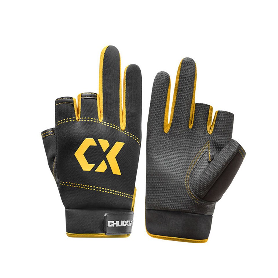 Guantes de pesca antideslizantes para hombre y mujer, equipo deportivo con 3 dedos cortados, para pesca al aire libre, 1 par: Black with  Yellow