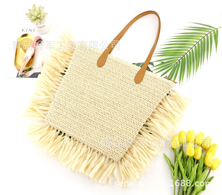 raw edge mustache tassel straw bag large capacity shoulder woven bag casual female beach handbag Woman shopping bag