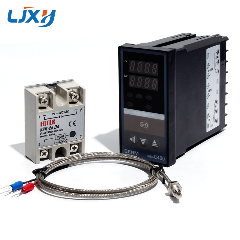 LJXH Dual Digital PID Temperature Controller Set REX-C400 + 25DA/40DA/75DA Solid State Relay + 1m M6 Thread K Thermocouple: 25DA SET