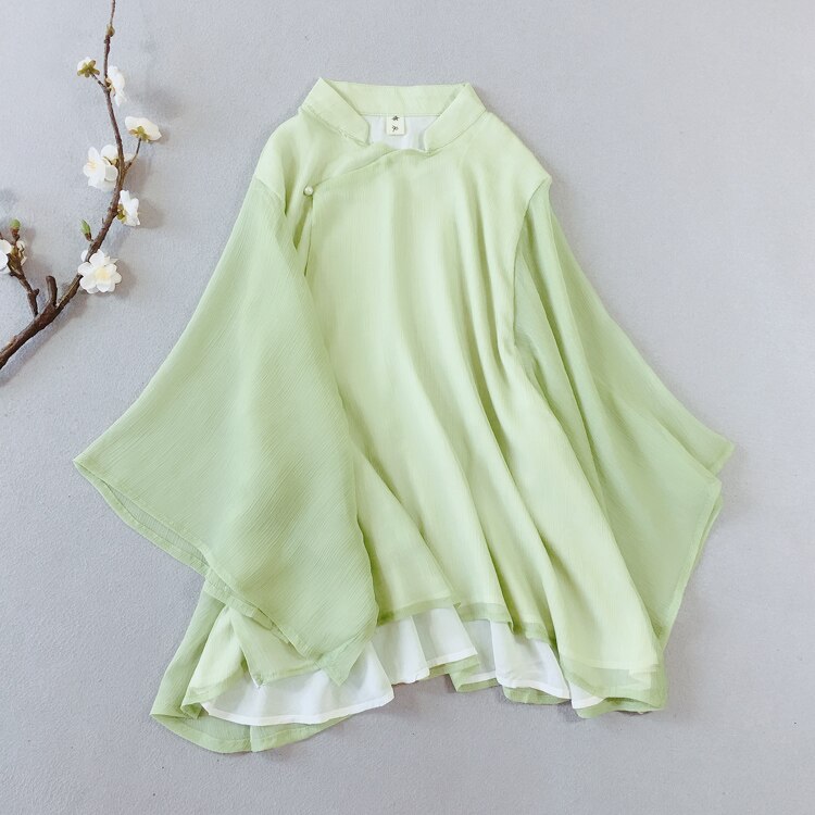 ¡Novedad de primavera-verano ! Blusa china de Nagodo, camisa de té Zen de doble capa de hilo, Top de gasa estilo chino clásico Hanfu para mujer: green