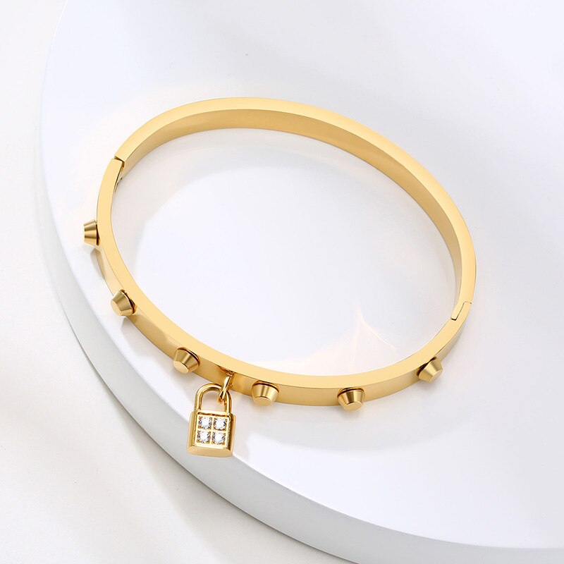 VORHÄNGESCHLOSS MANSCHETTE Armbinde ARMREIF EDELSTAHL CZ GESPERRT ELEGANTE STAPELN SCHMUCK