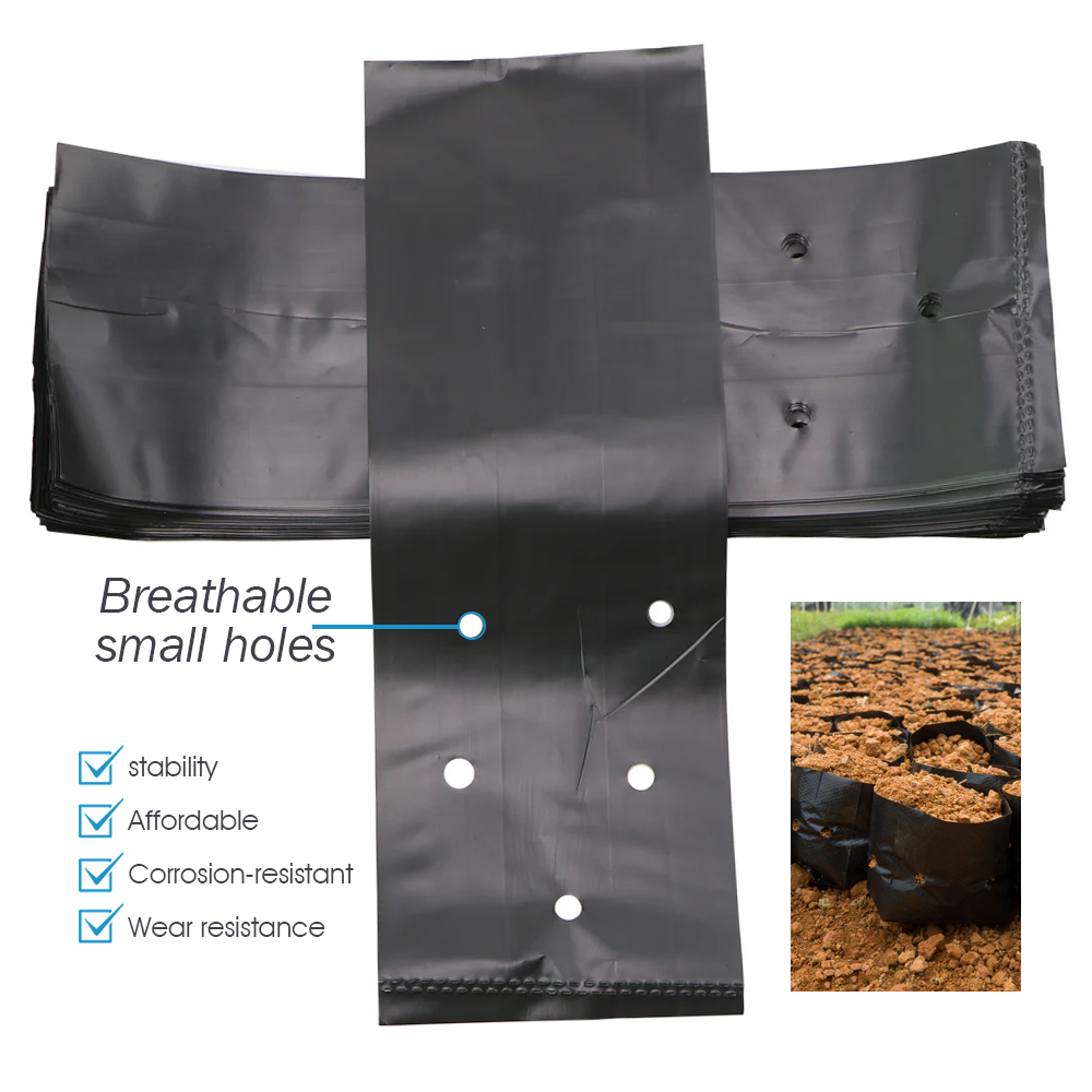 Bolsas de plástico de polietileno para vivero, macetas de cultivo de plantas de tela con agujeros transpirables para cultivo doméstico, suministros de jardinería, color negro, 100 piezas