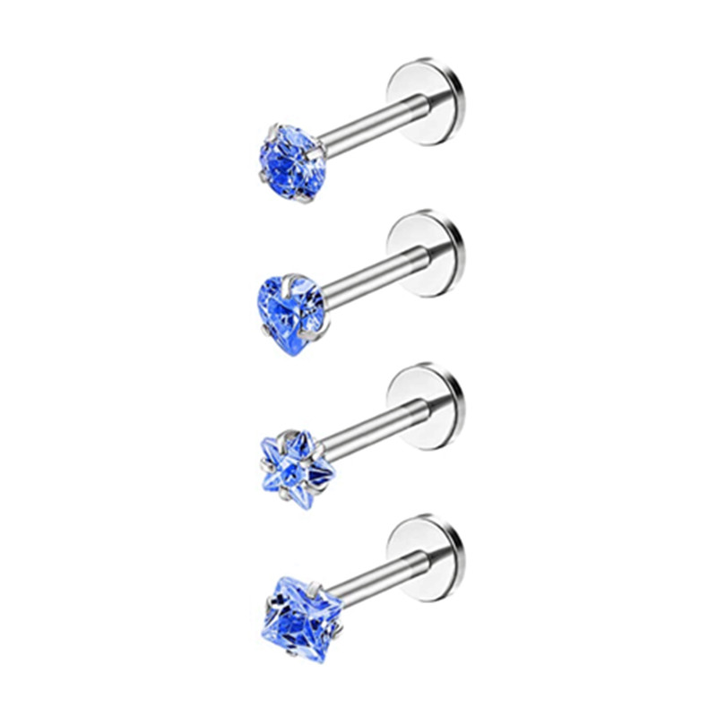 4PCS Heart Crystal Tragus Piercing Earring Set Flat Labret Piercing Set Lip Ring Lot Conch Cartilage Stud Helix Lobe Earring Set
