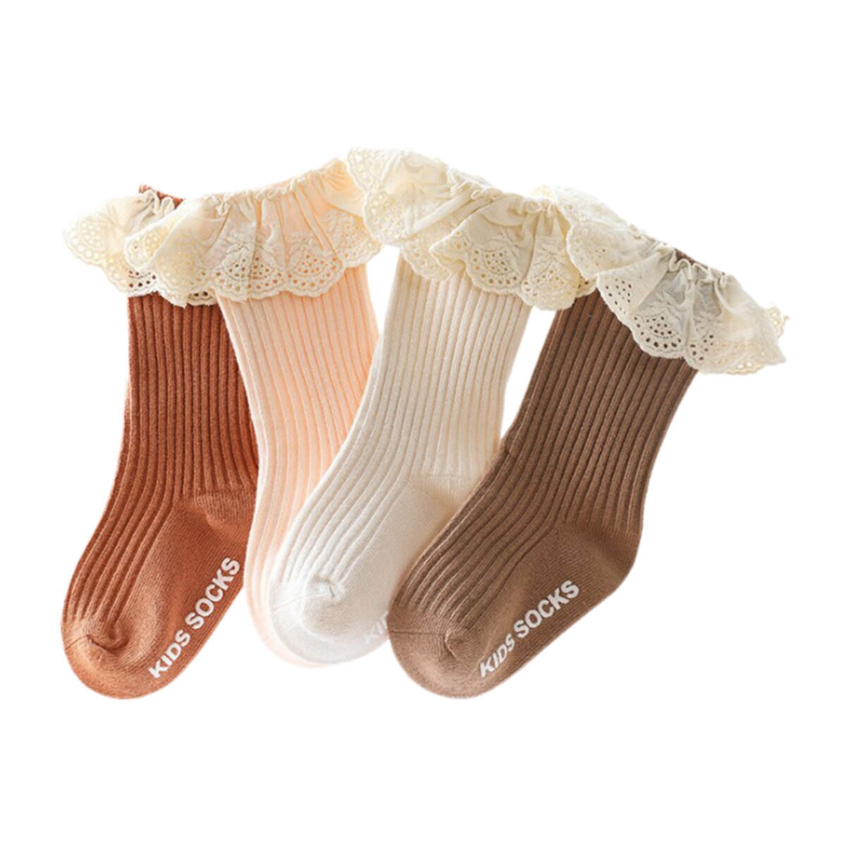 Cute Baby Girls Lace Princess Socks Ribbed Knit Solid Color Anti-slip Medium Tube Stockings Kids Turn Cuff Ruffle Floor Hosiery