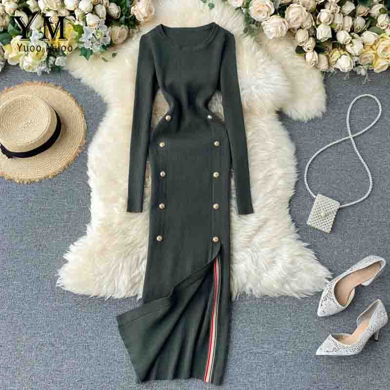 Yuoomuoo Elegante Vintage Double-Breasted Office Dames Jurk Herfst Winter Gebreide Lange Jurk Vrouwelijke Split Bodycon Jurk: Army Green