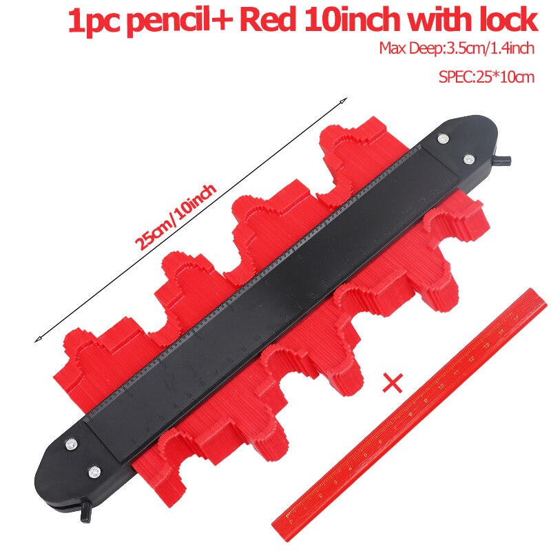 5/10 inch Multi-functional Contour Profile Gauge Laminated Tiles Tiles Edge Shaping Wood Measure Ruler Contour Gauge Duplicator: 25cm Red Pencial