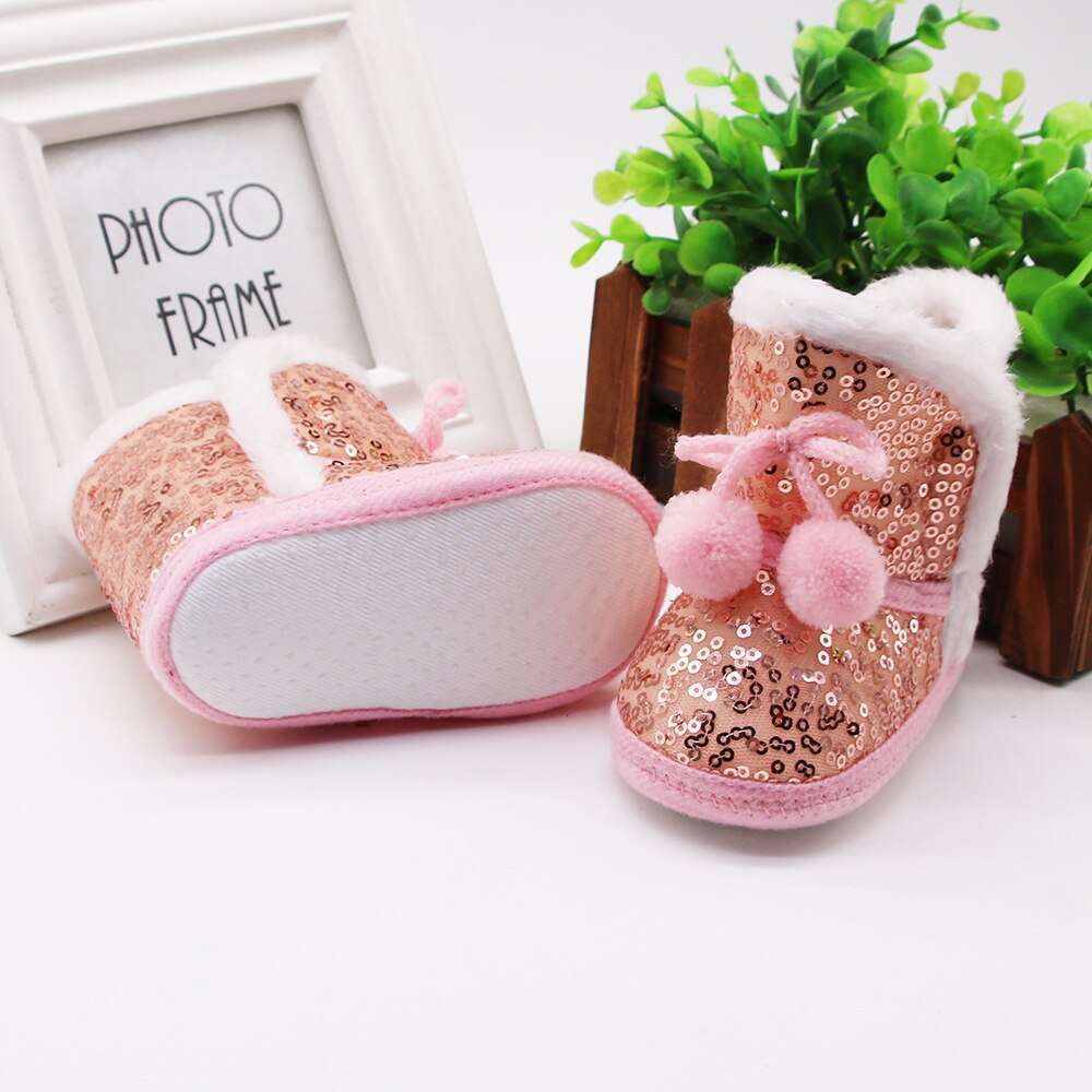 pudcoco Baby Girls Sequin Snow Boots Non-Slip Soft Sole Winter Warm Fur Lined Shoes Ankle Booties with Lace up Pom 0-12 Months