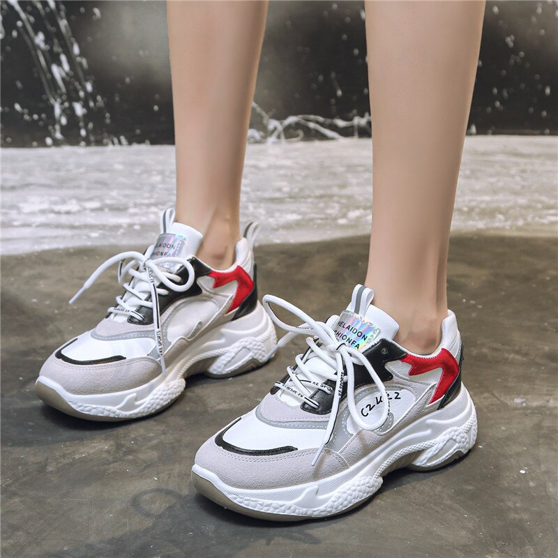 Chunky Sneakers PU Leathable Vrouwen Dikke Zool Vrouwelijke Schoenen Vrouw sport lace-up ronde neus comfortabele schoenen z14-71
