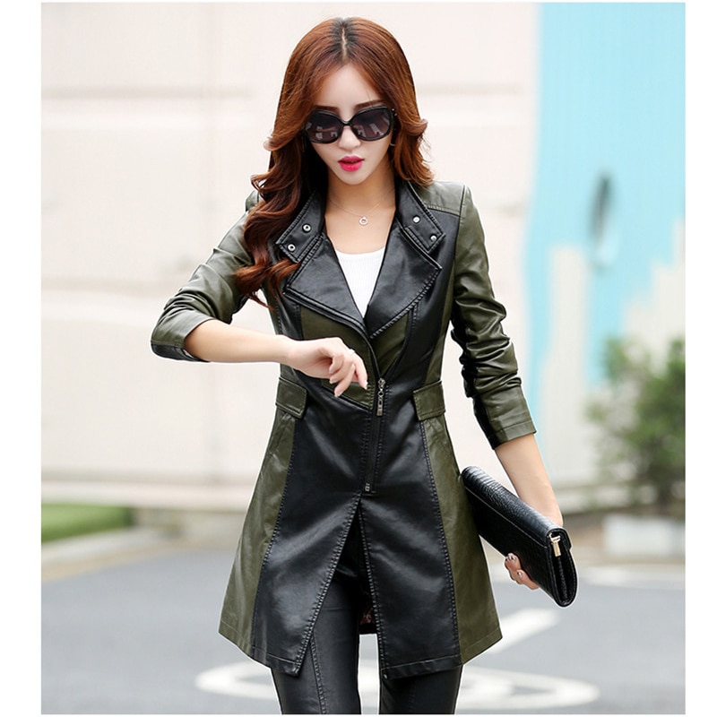 Chaqueta de abrigo de cuero de talla grande M-5XL de de otoño para mujer Chaqueta larga de retazos de PU de para motocicleta W1430