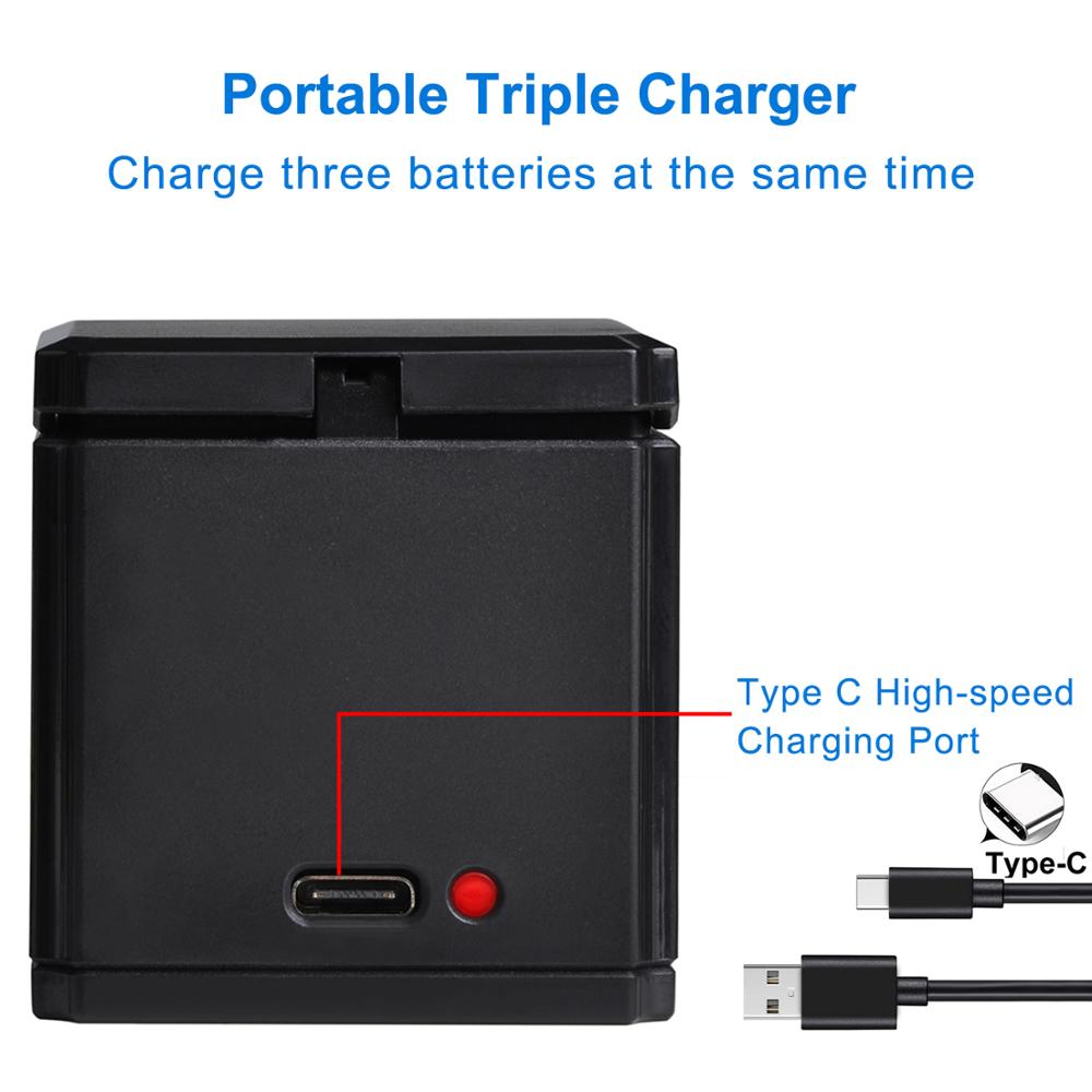 För gopro hero 7 hero 6 hero 5 svart batteri + usb 3- portar laddare med typ c port för gopro hero 7 6 hero 5 actionkameror