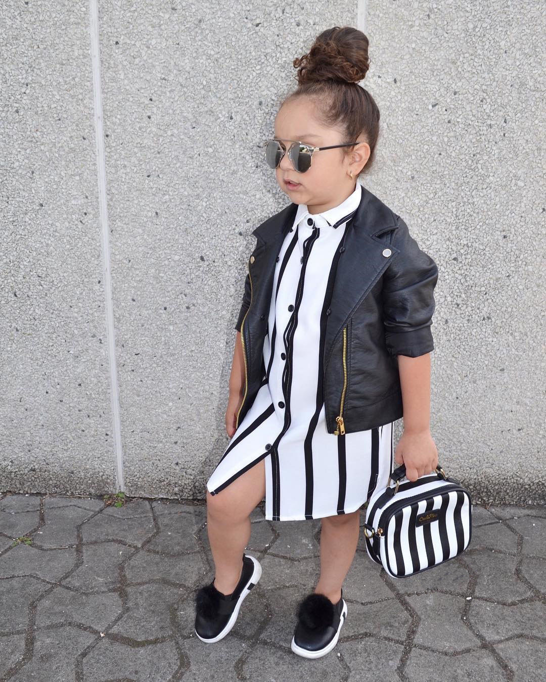 Girl Black White Striped Toddler Kid Dress Autumn Long Sleeve Buttons Shirt Dresses Clothes