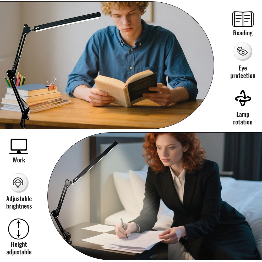 Led-bureaulamp met klem, 5/10w verstelbare zwenkarmen, 3 lichtstanden , 10 helderheidsniveaus, oogvriendelijk voor kantoor/studie/lezen.